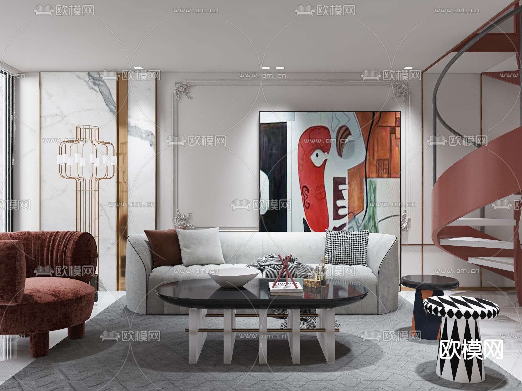 孟菲斯复式客厅3d模型下载（渲染图1）