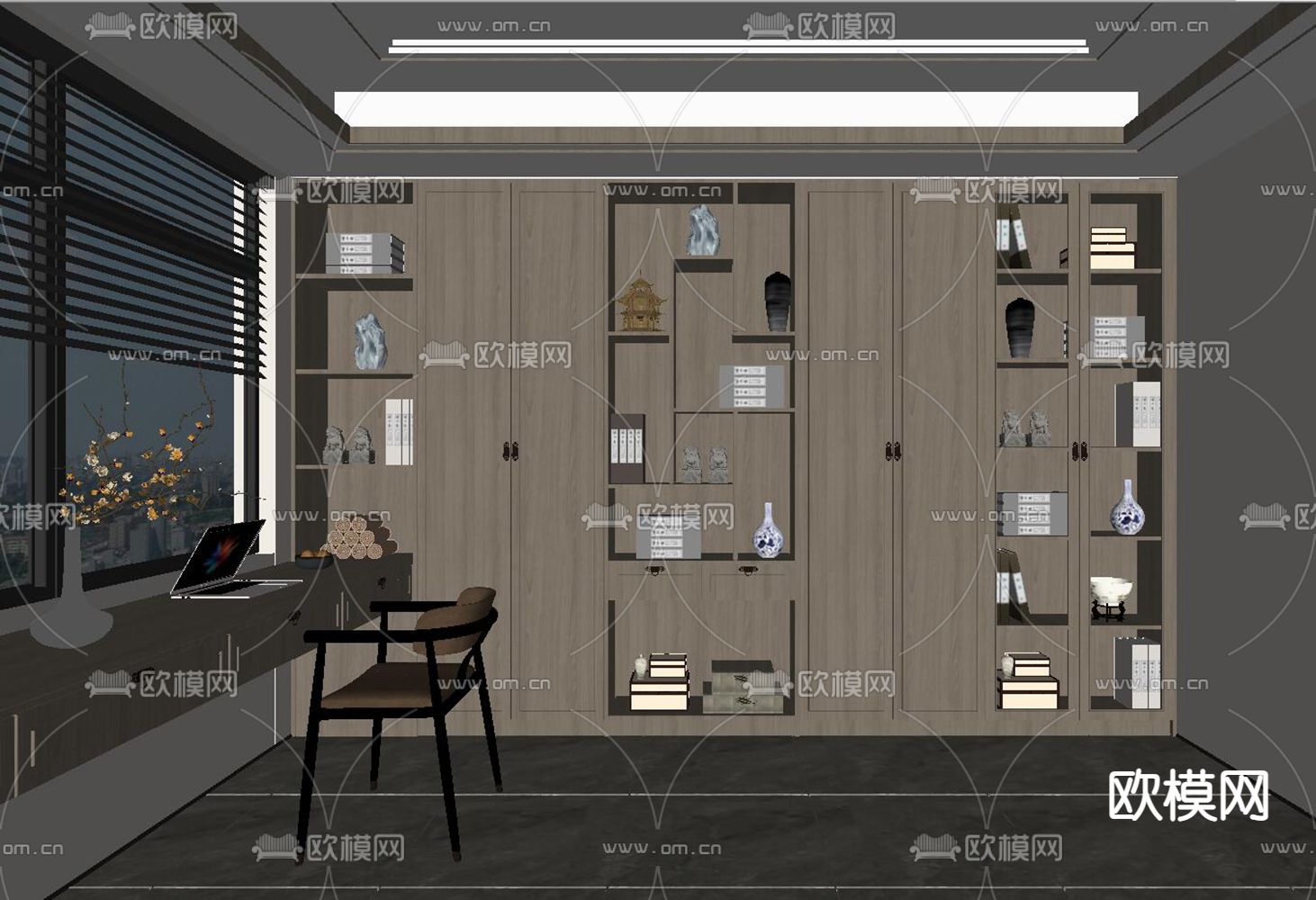 新中式书房su模型下载（渲染图2）