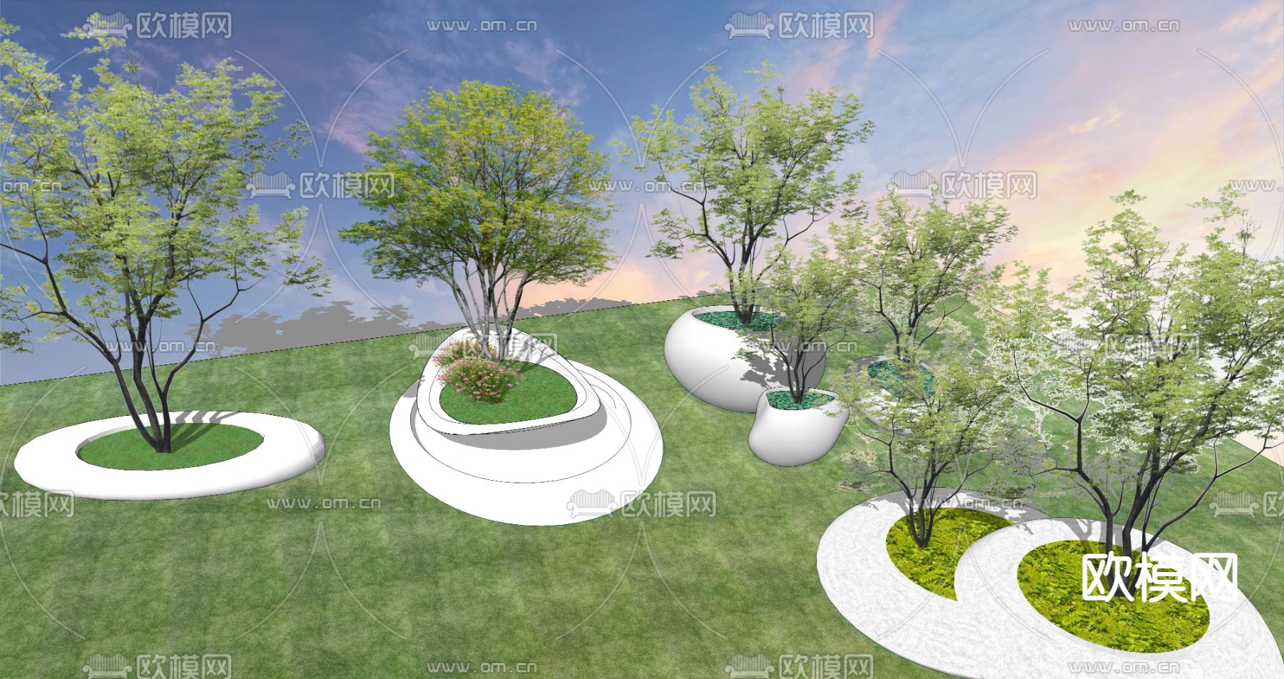 现代树池花坛公用椅su模型下载（渲染图3）