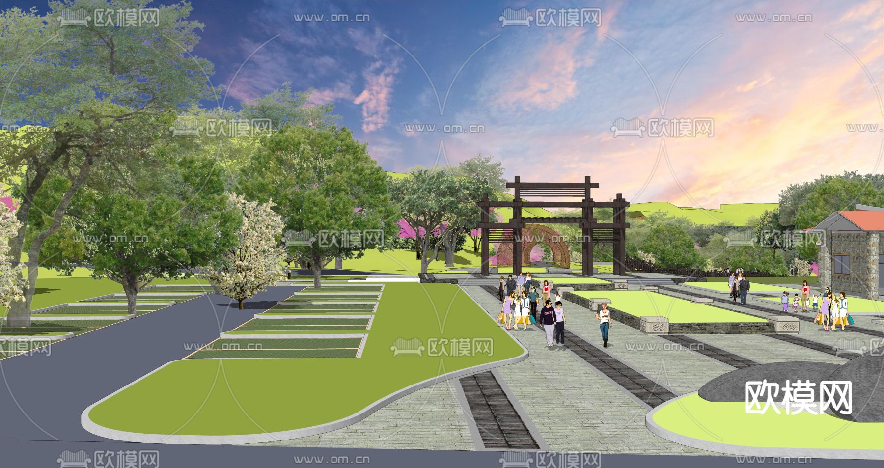 新中式山地民宿鸟瞰su模型下载（渲染图3）