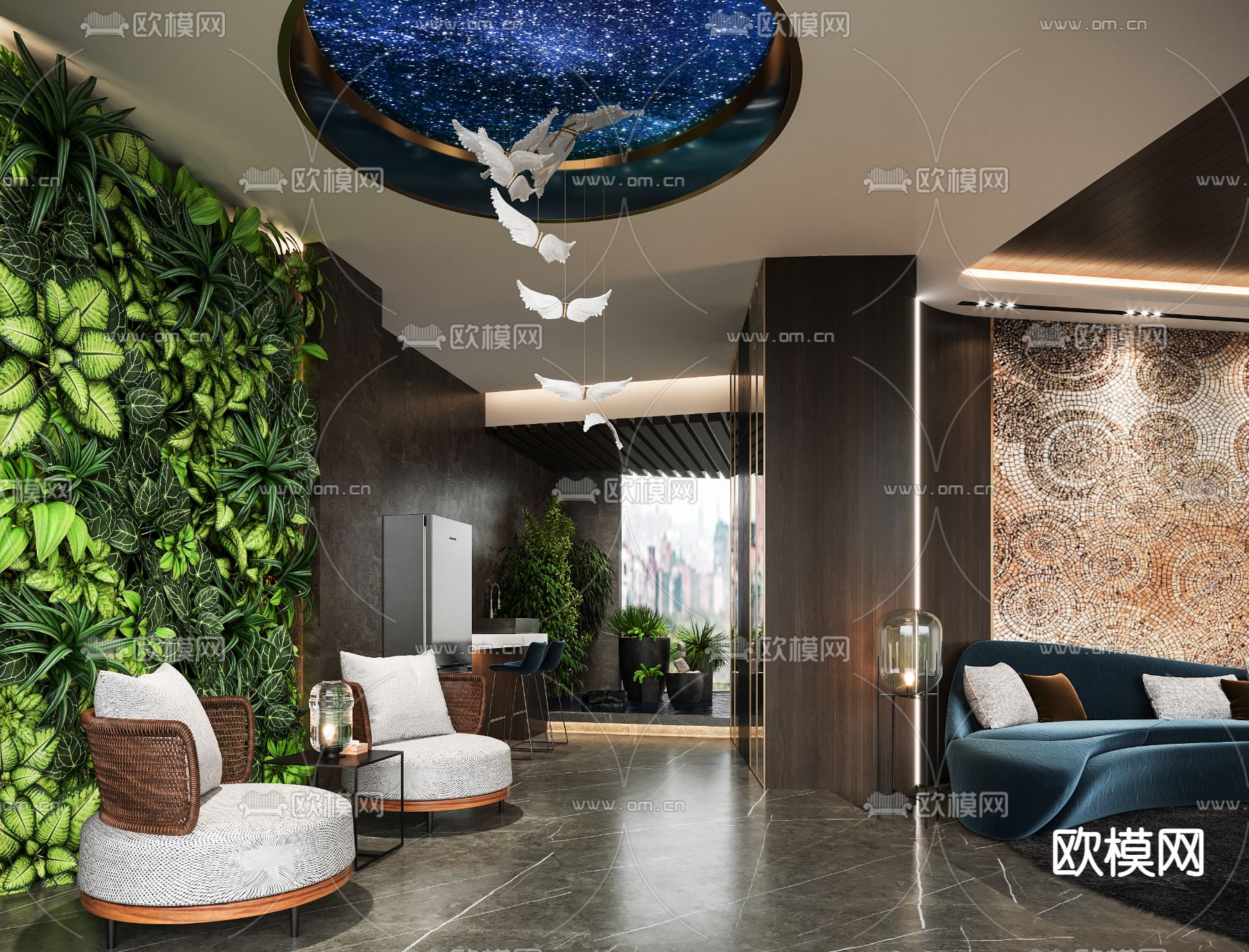 现代会所休息区3d模型下载