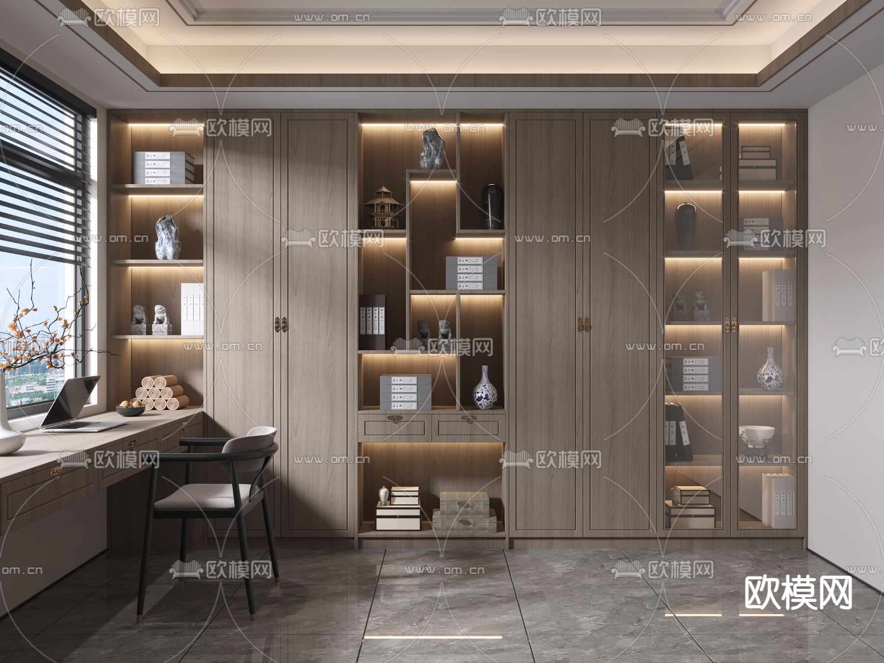 新中式书房su模型下载（渲染图1）