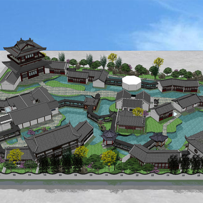  新中式园林景观鸟瞰su模型 
