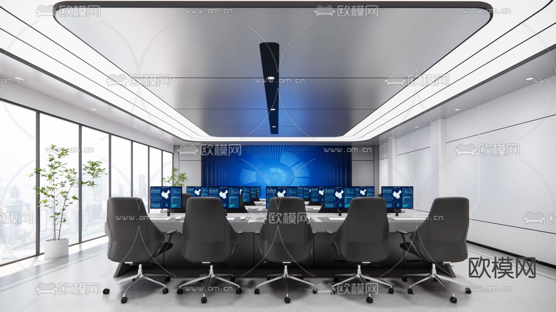 现代监控指挥室su模型下载（渲染图1）