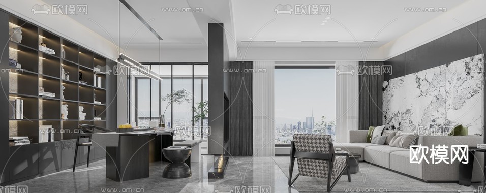 现代复式客厅餐厅免费3d模型下载(渲染图1)