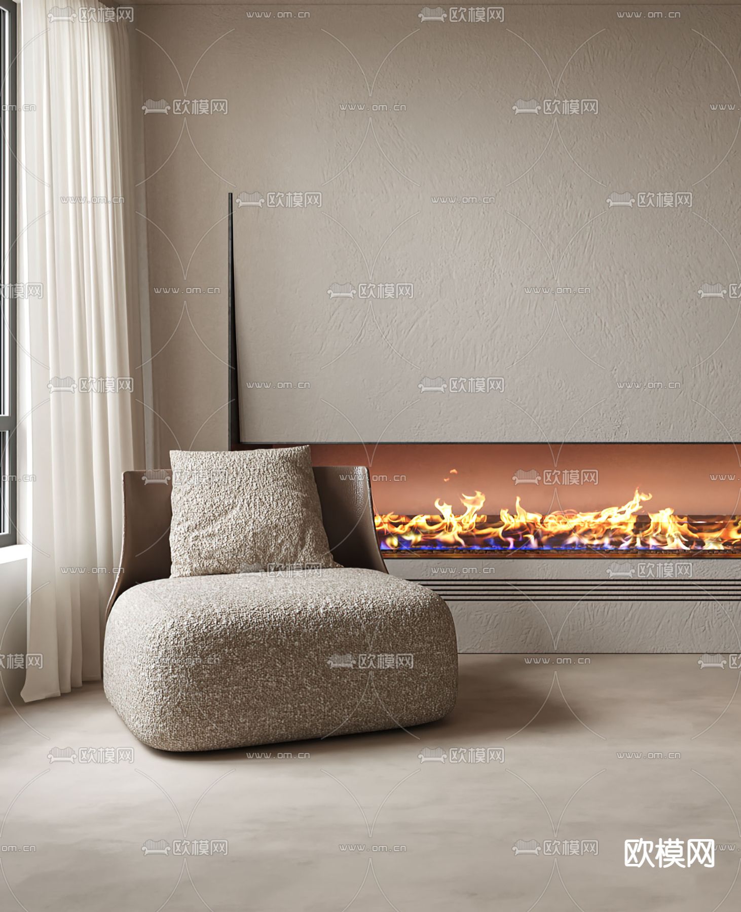 现代咖色皮革休闲沙发3d模型下载（渲染图3）