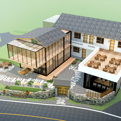  现代民宿建筑鸟瞰su模型 