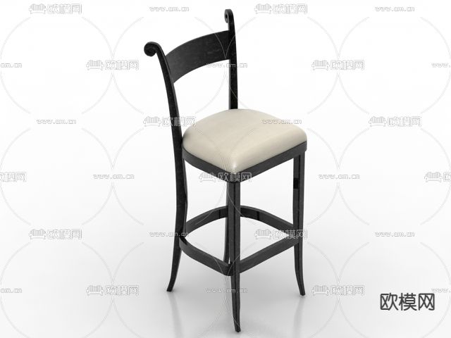 美式简约实木皮革吧台椅免费3d模型下载