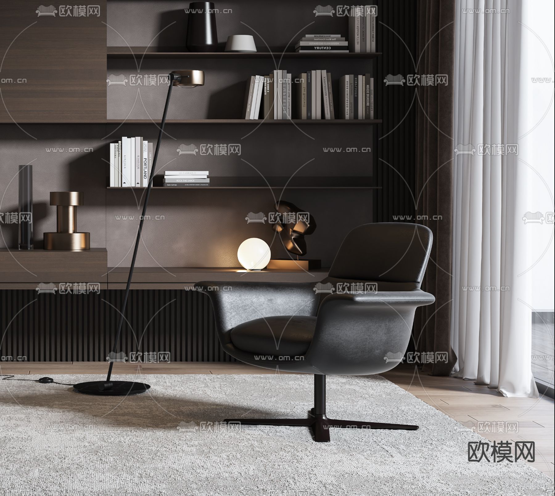 现代黑色皮革休闲椅3d模型下载（渲染图1）