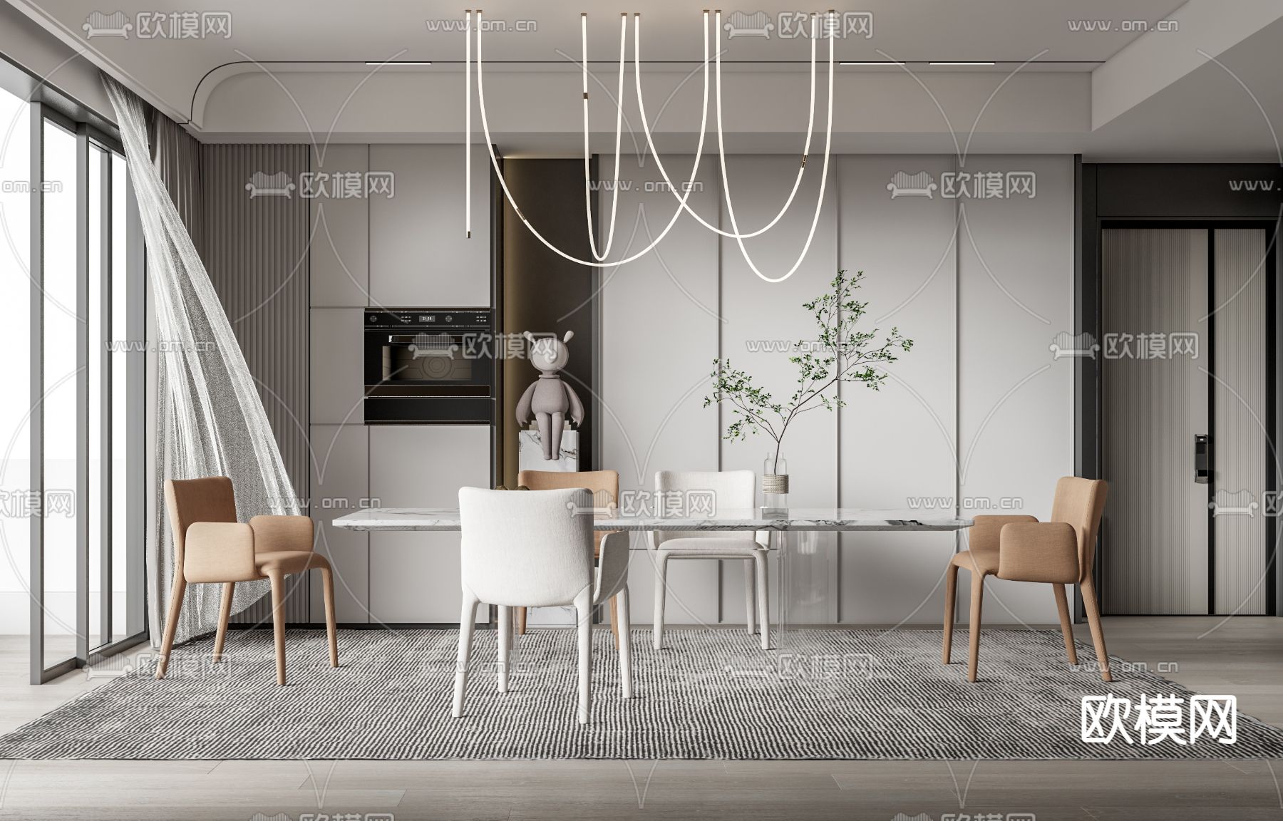 现代大理石餐桌椅su模型下载（渲染图1）