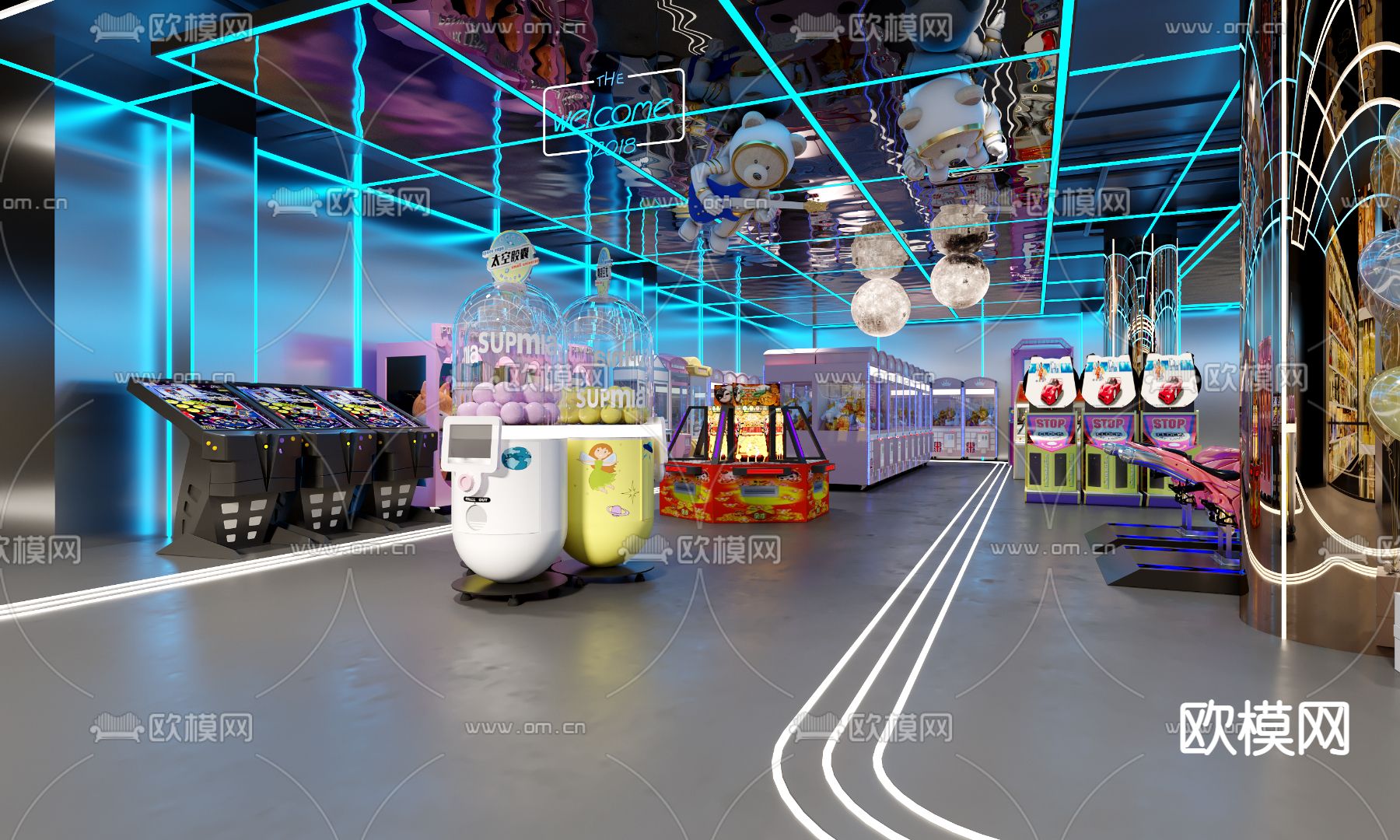 现代电玩城游戏厅3d模型下载（渲染图1）