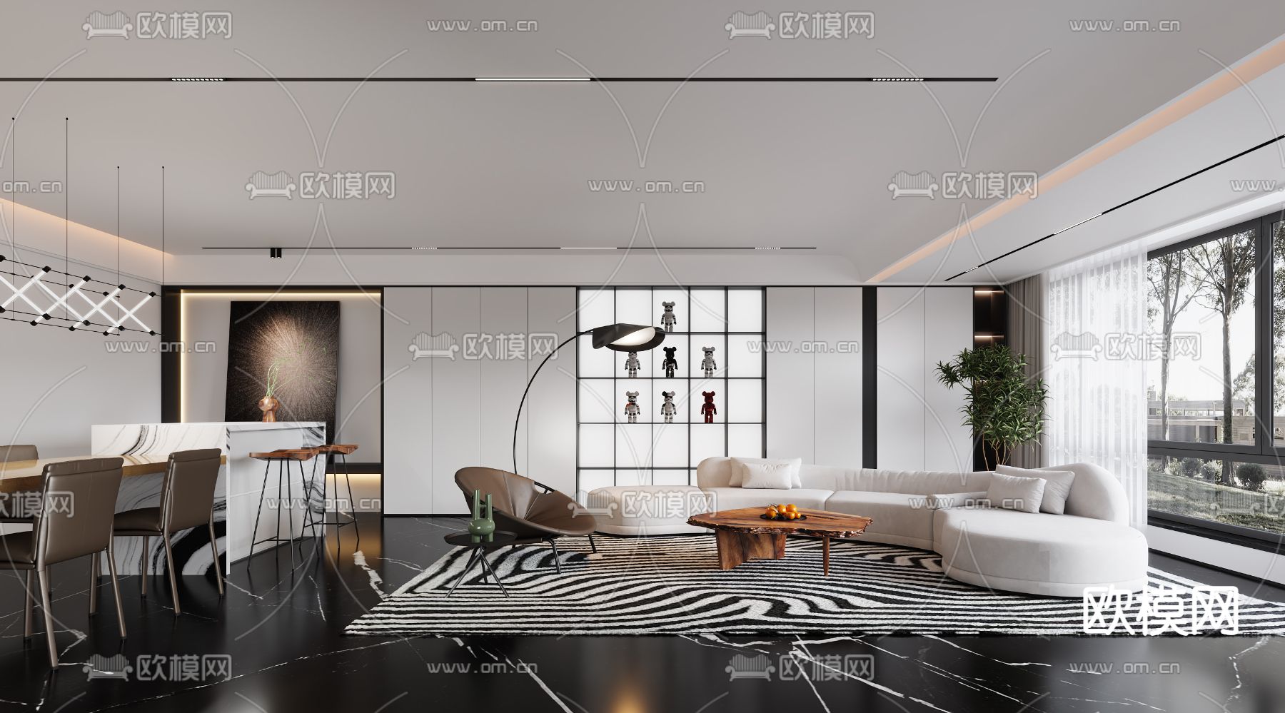 现代客厅餐厅3d模型下载