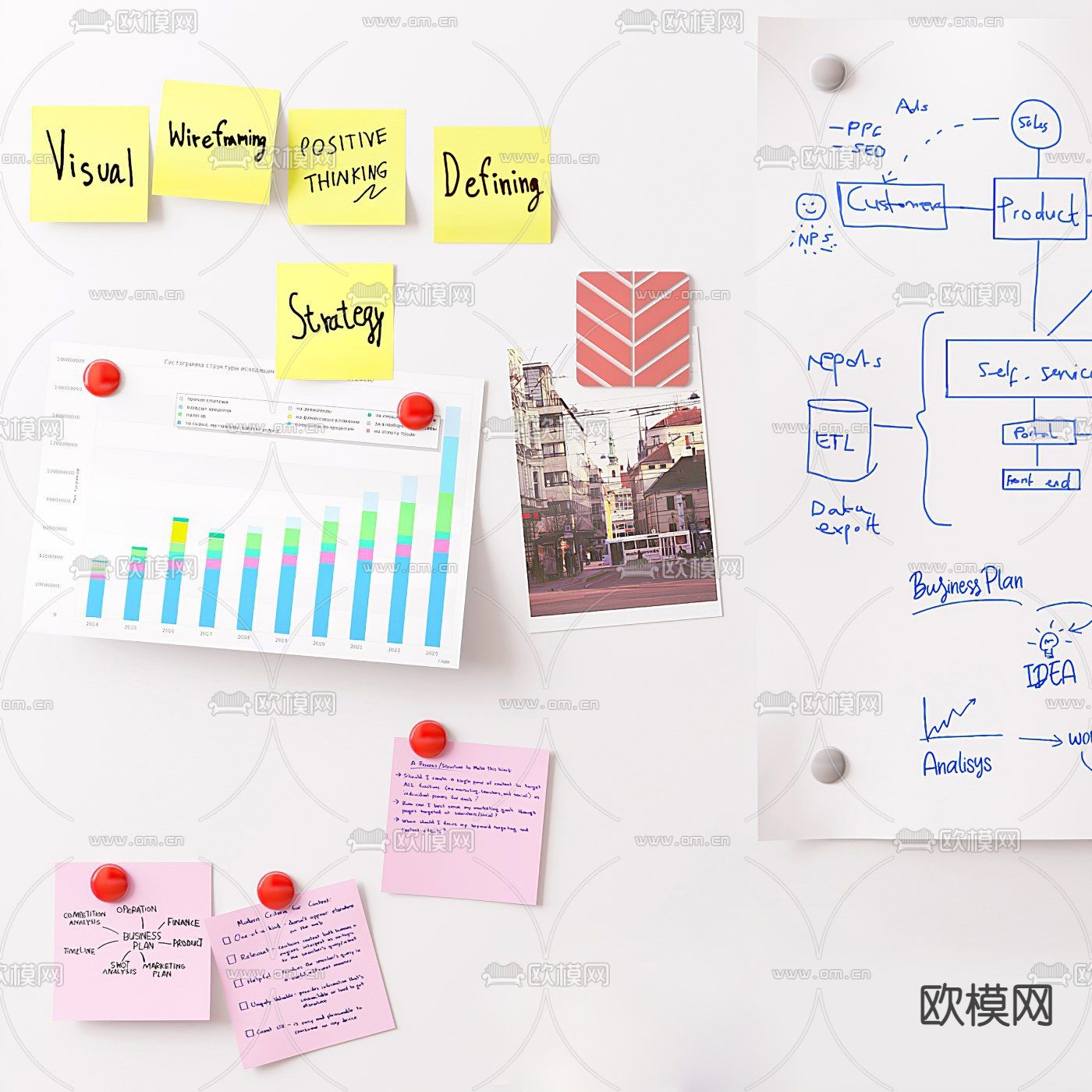 现代办公白板便条展示白板3d模型下载（渲染图2）