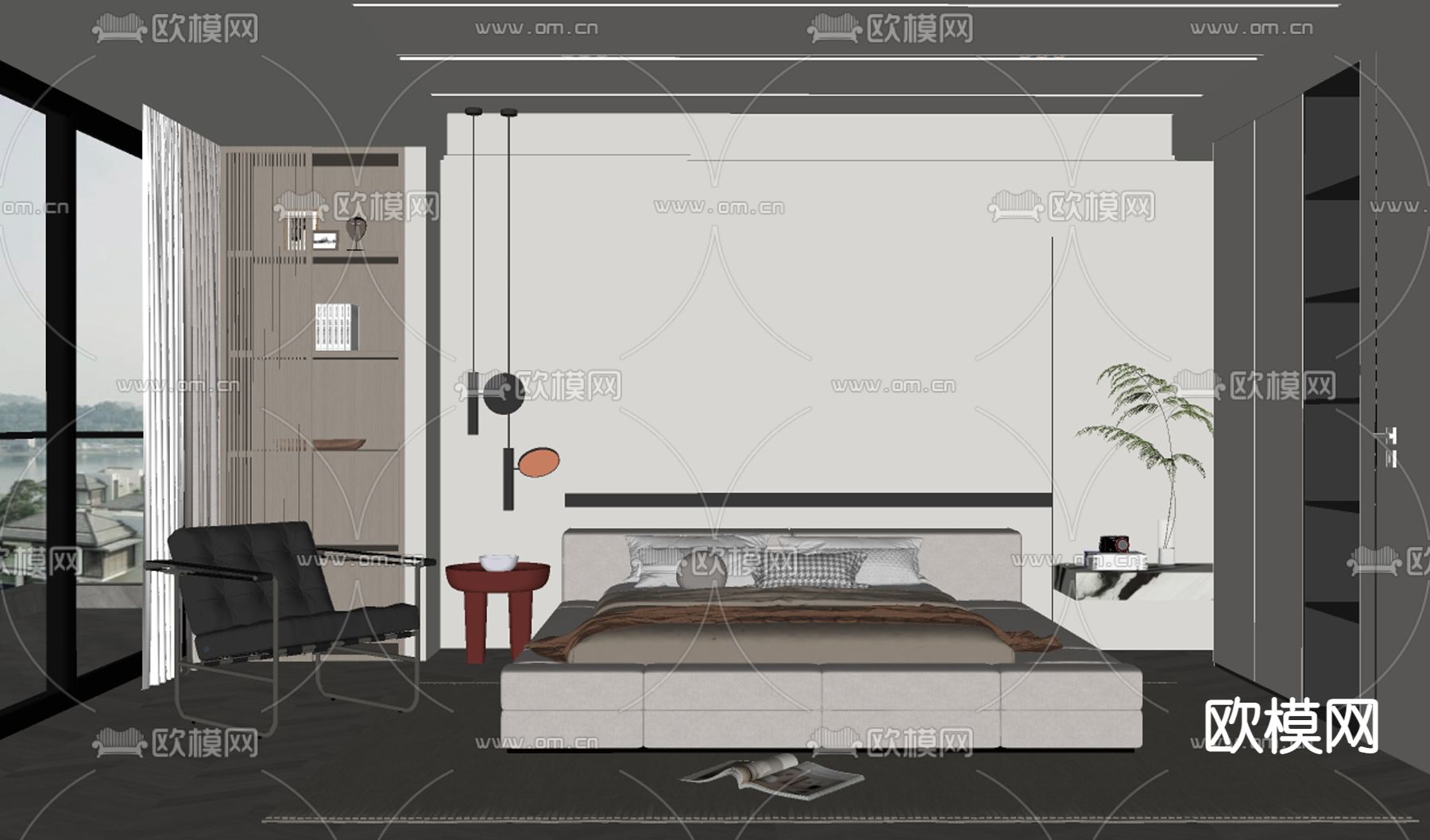 现代卧室主人房su模型下载（渲染图2）