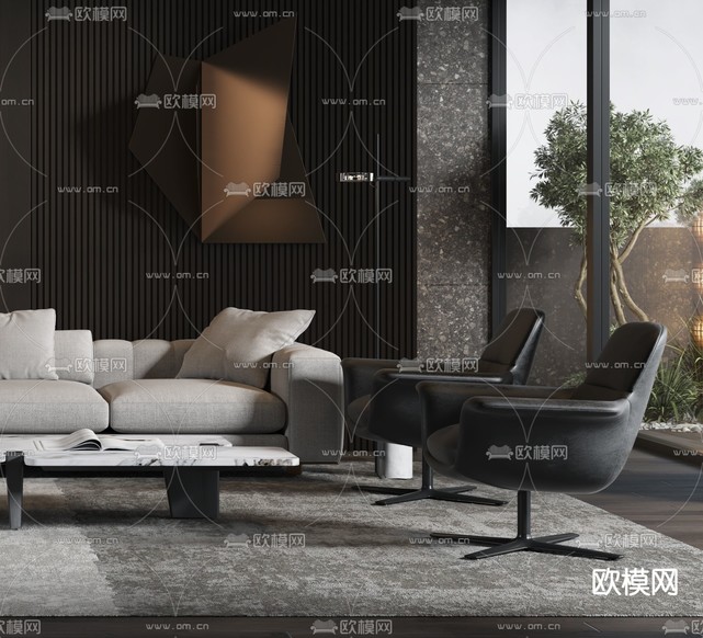 现代高级灰客厅3d模型下载(渲染图3)