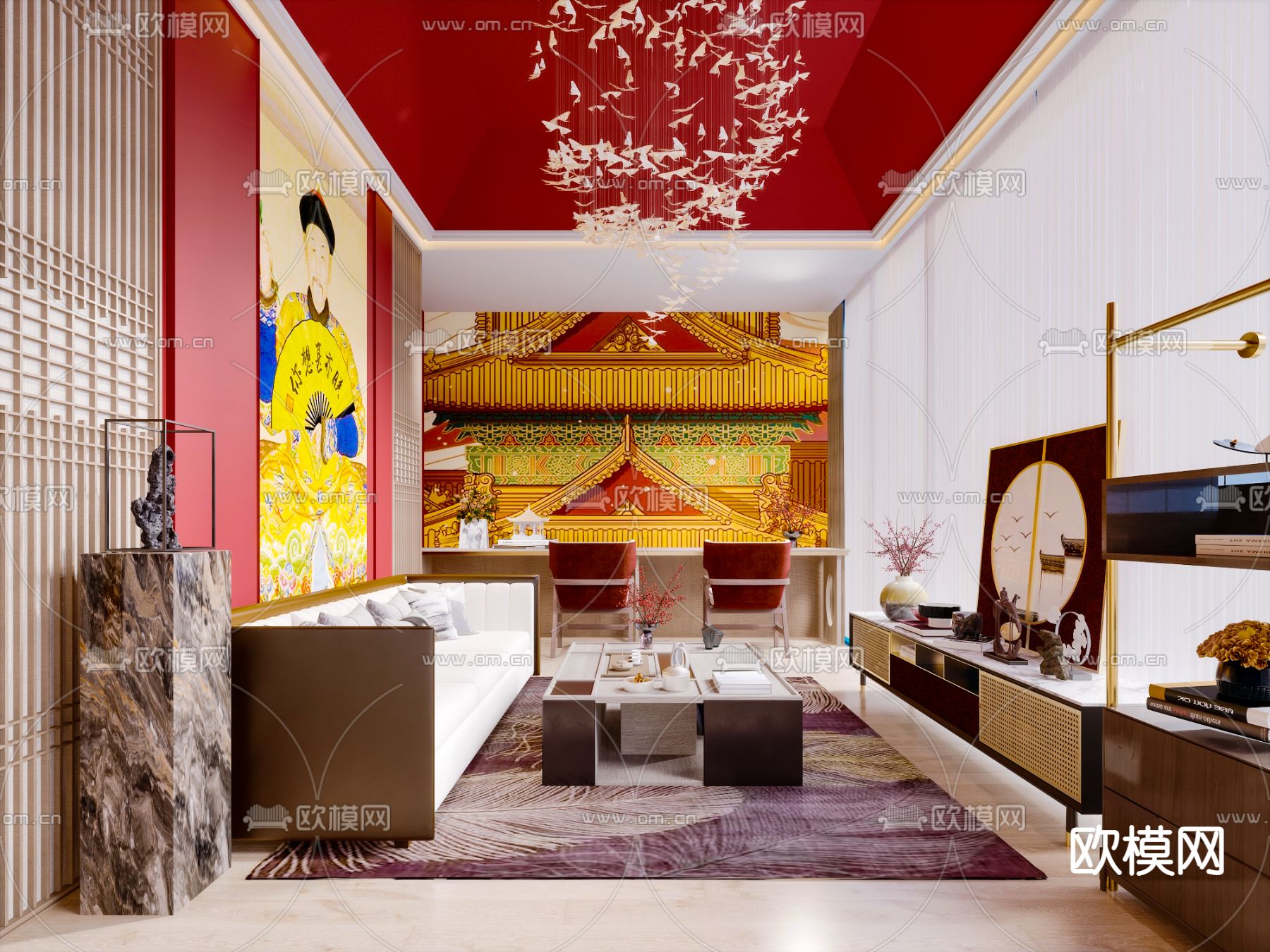 新中式故宫主题民宿客厅3d模型下载
