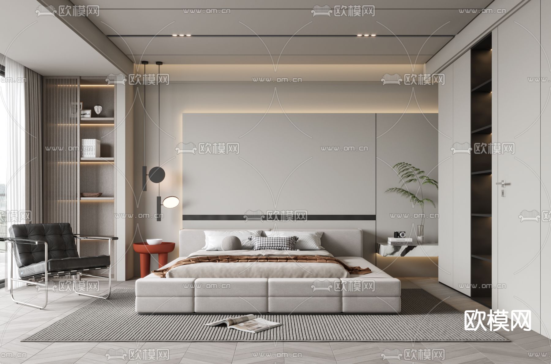 现代卧室主人房su模型下载（渲染图1）