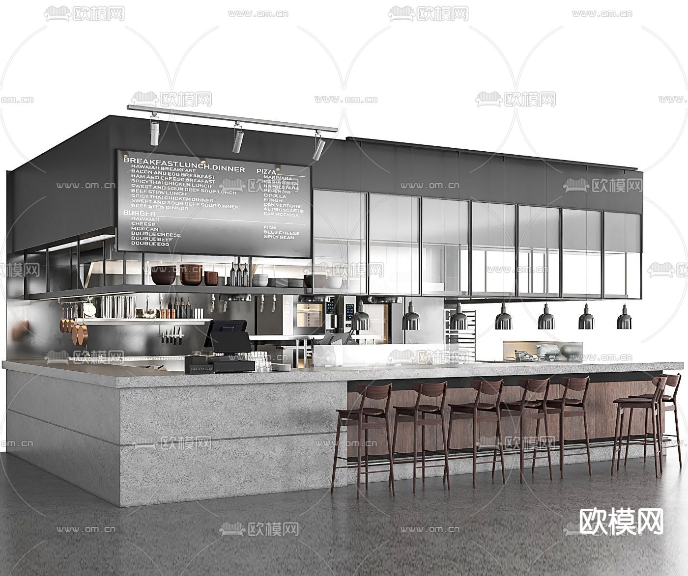 现代小吃快餐店操作台吧台3d模型下载（渲染图1）