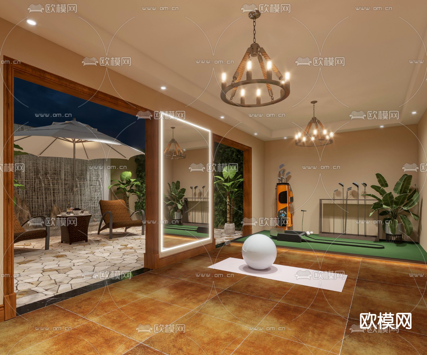 美式露台花园夜景3d模型下载（渲染图2）