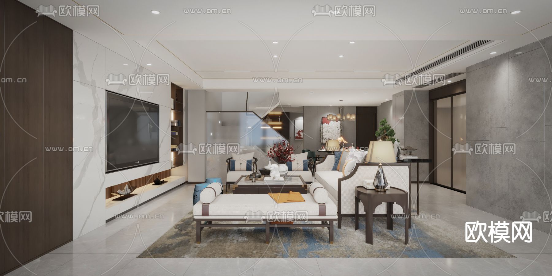 新中式复式客厅免费3d模型下载