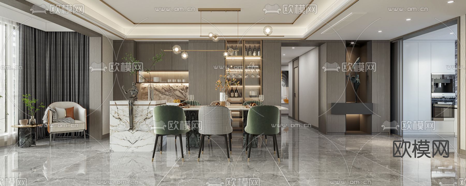 现代客餐厅3d模型下载（渲染图2）