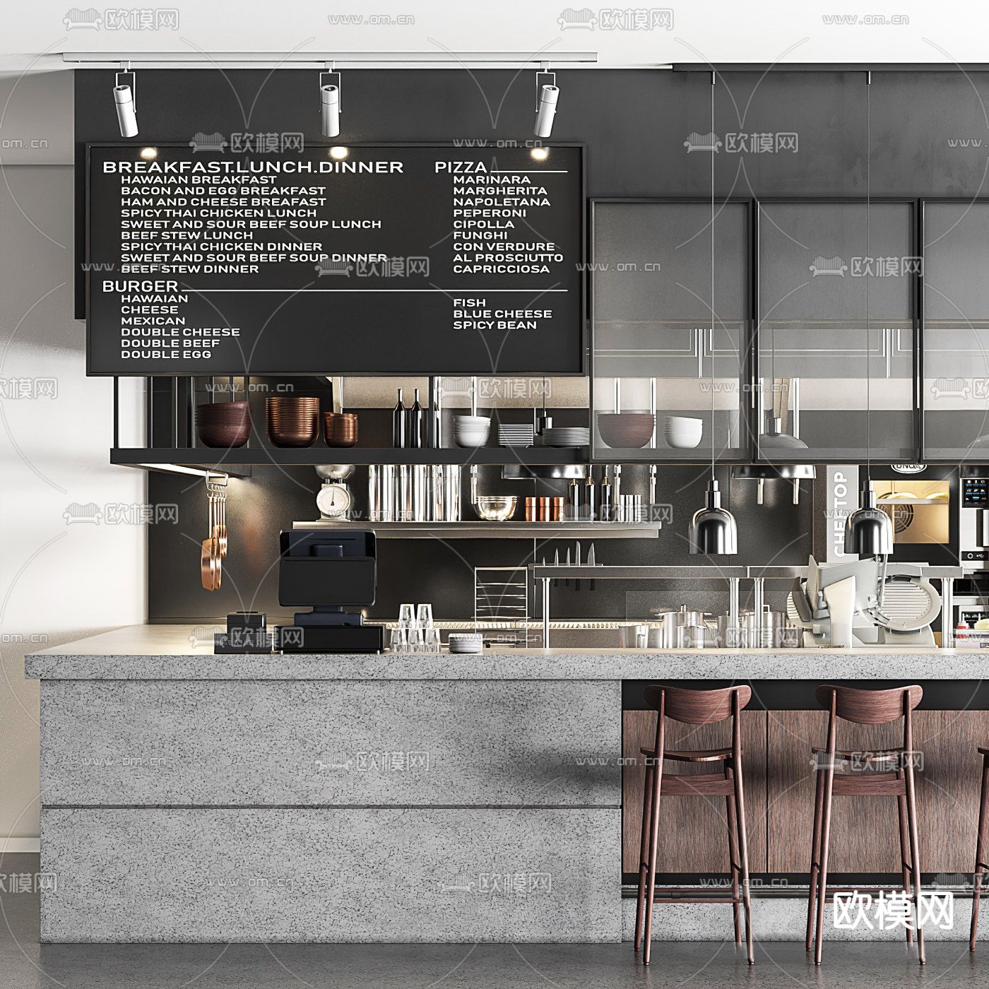 现代小吃快餐店操作台吧台3d模型下载（渲染图3）