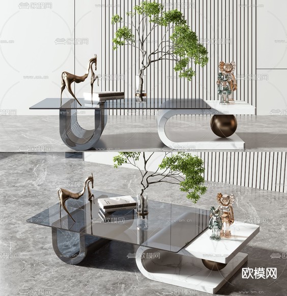 现代玻璃大理石拼接茶几3d模型下载(渲染图1)