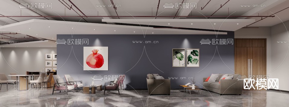 现代办公室休息区3d模型下载(渲染图2)