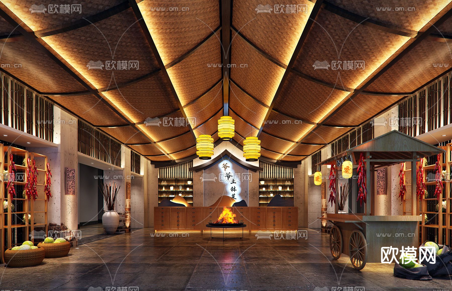 中式餐厅大堂su模型