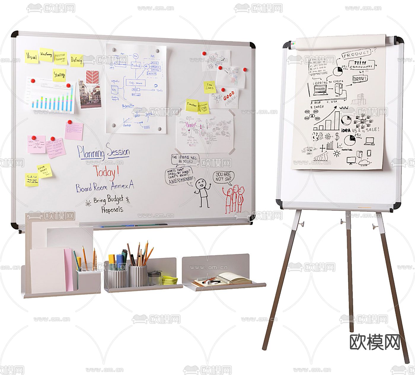 现代办公白板便条展示白板3d模型下载（渲染图1）