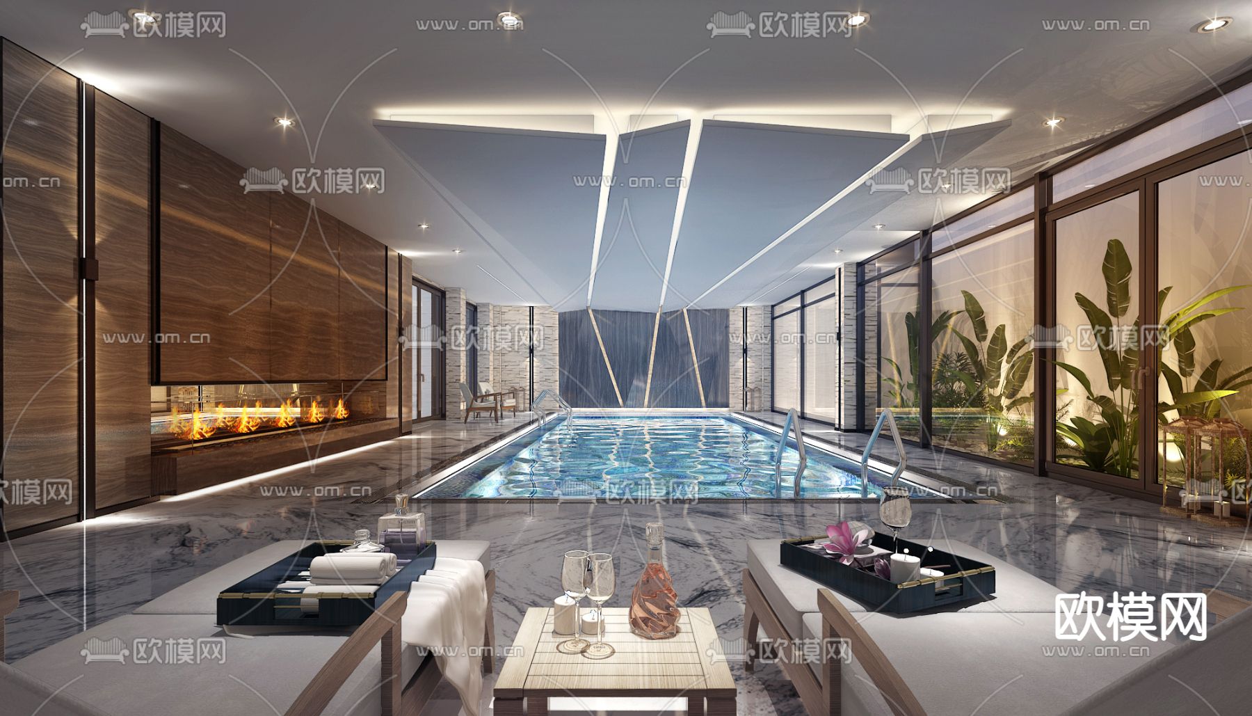 现代室内游泳馆免费3d模型下载