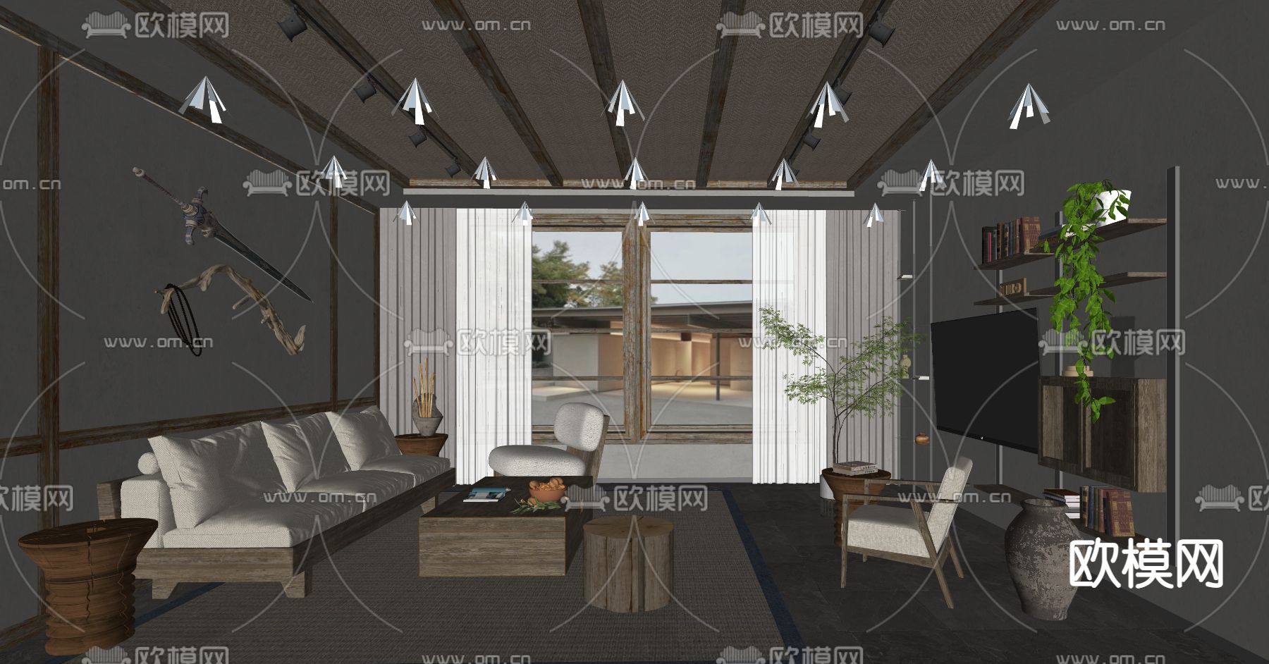 侘寂民宿客厅su模型下载（渲染图2）