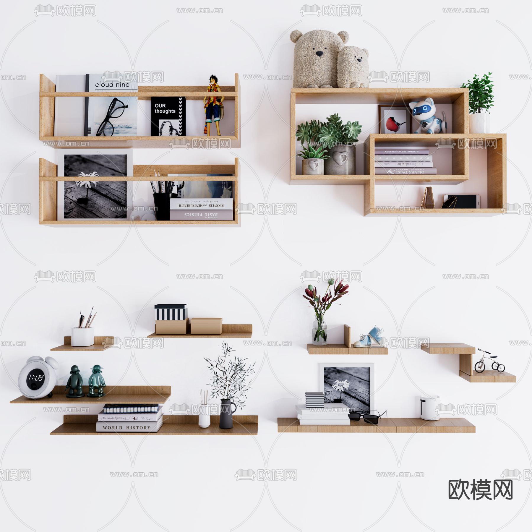 现代实木墙面置物架3d模型下载
