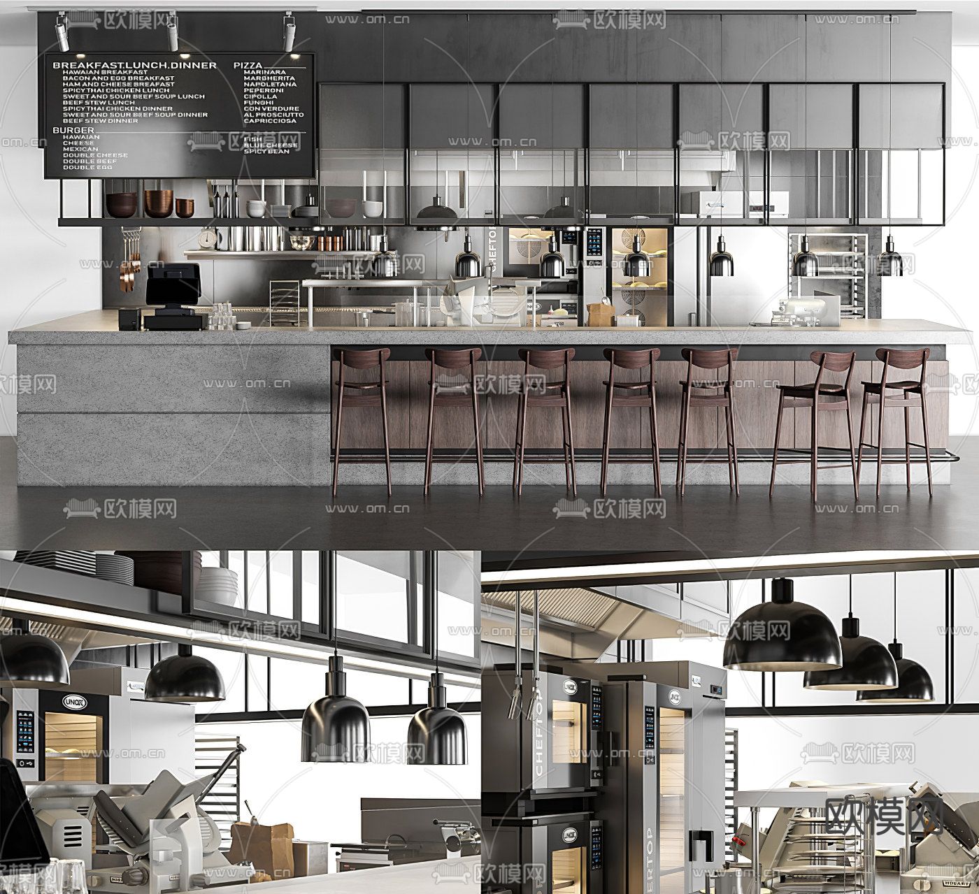 现代小吃快餐店操作台吧台3d模型下载（渲染图2）