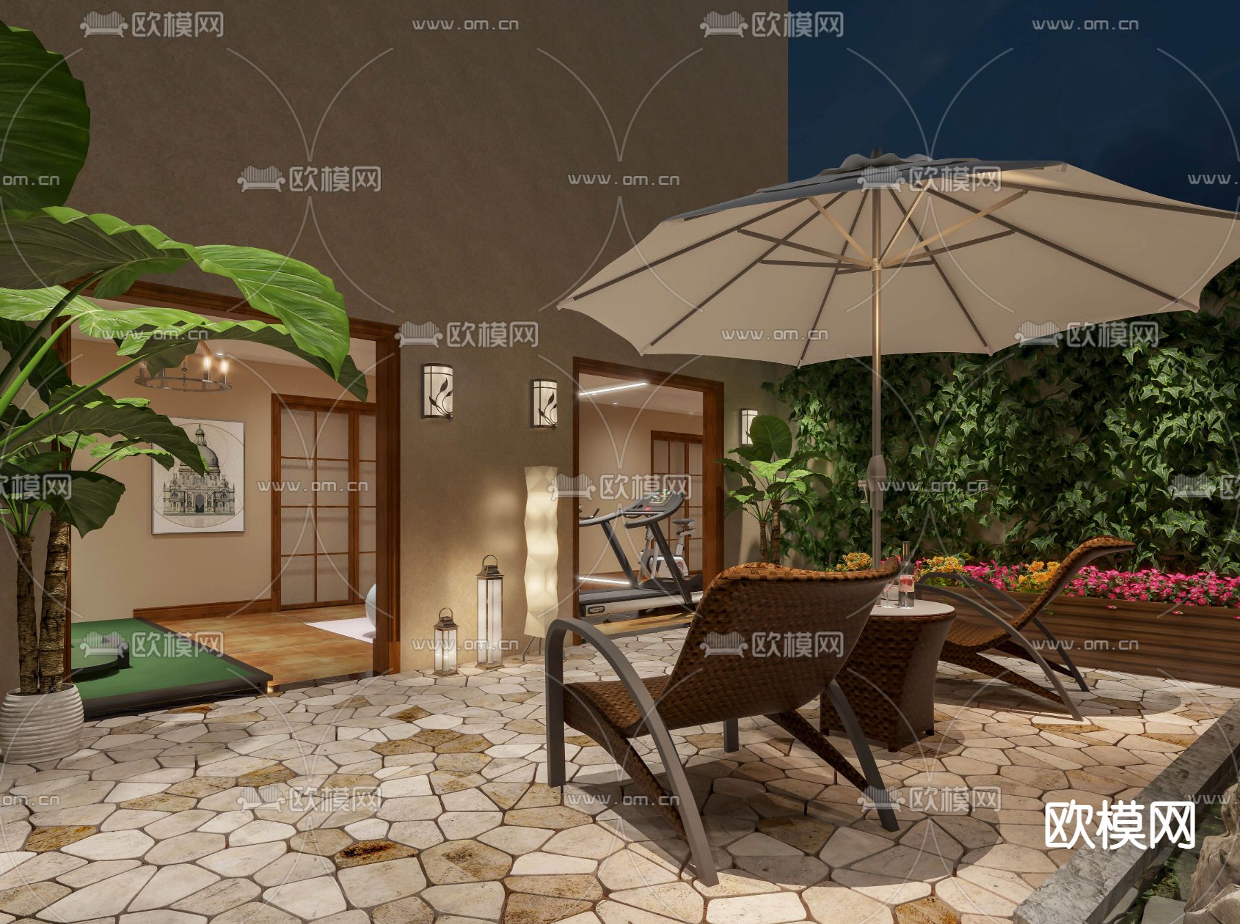 美式露台花园夜景3d模型下载（渲染图1）