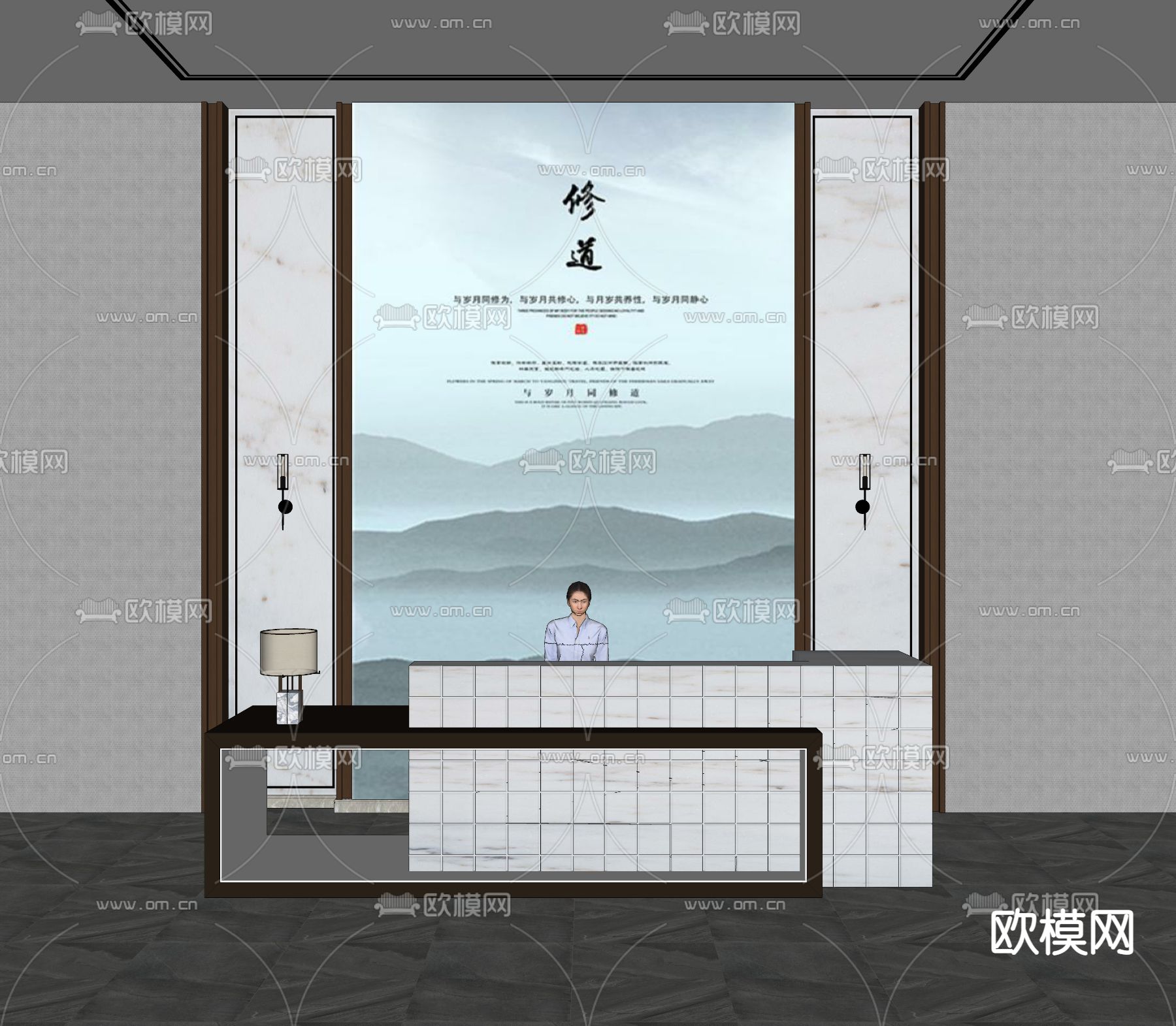 新中式服务台接待台su模型下载（渲染图2）