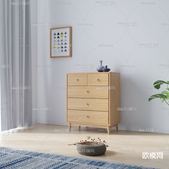 北欧原木色五斗柜3d模型下载(渲染图2)