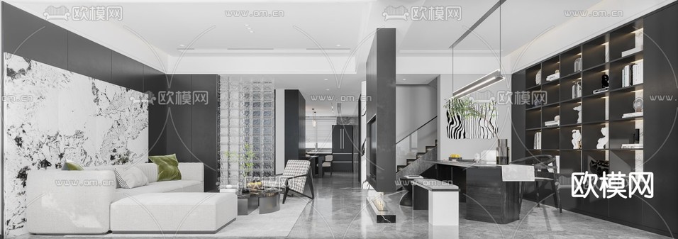 现代复式客厅餐厅免费3d模型下载(渲染图2)