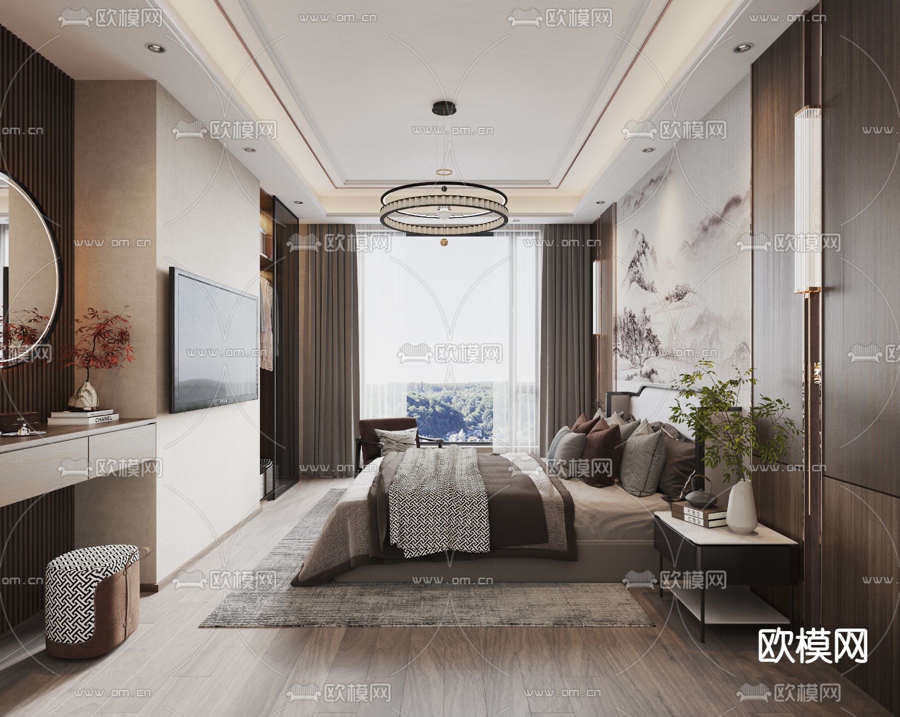 新中式卧室主人房3d模型下载_ID11982568_3dmax免费模型-欧模网