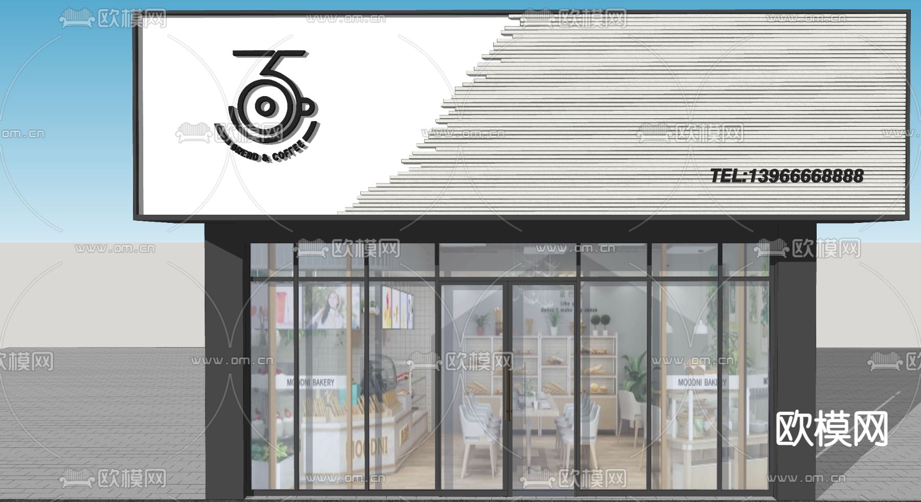现代面包店门头su模型下载（渲染图1）