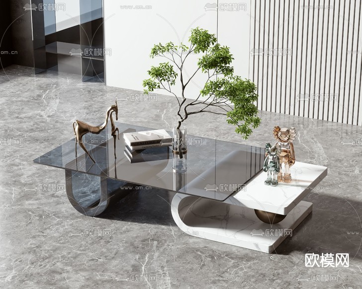 现代玻璃大理石拼接茶几3d模型下载(渲染图3)