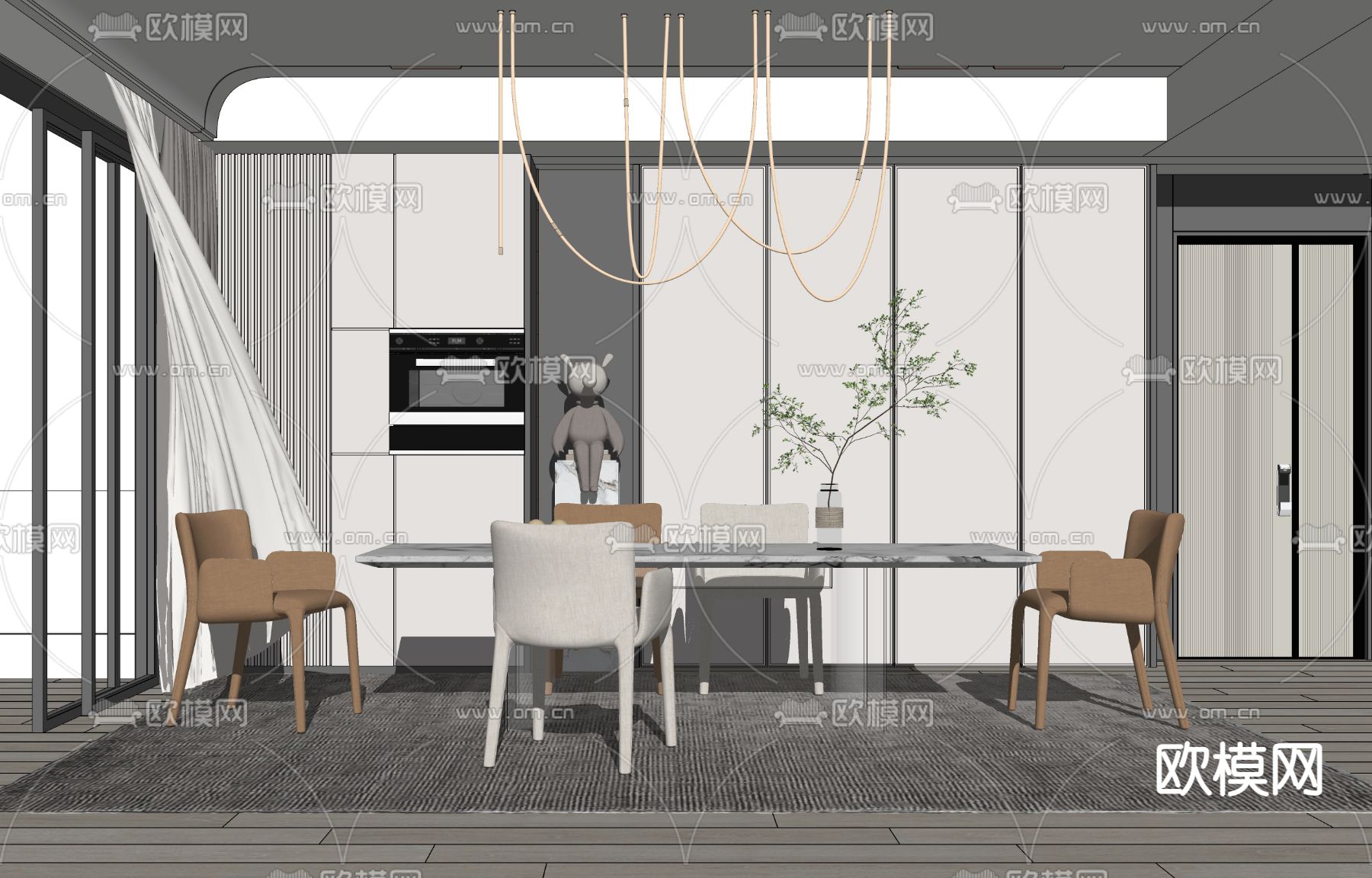 现代大理石餐桌椅su模型下载（渲染图2）