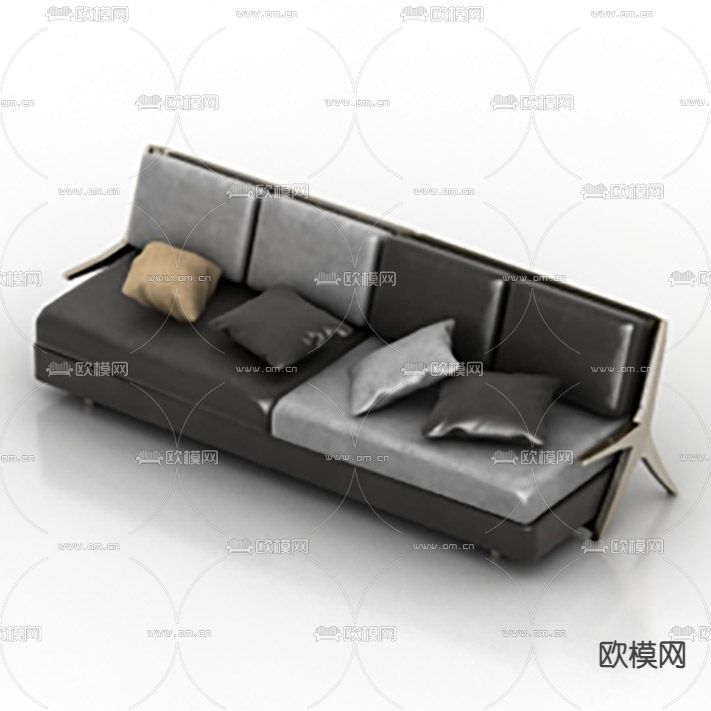 现代轻奢黑灰色皮革不锈钢多人沙发免费3d模型下载