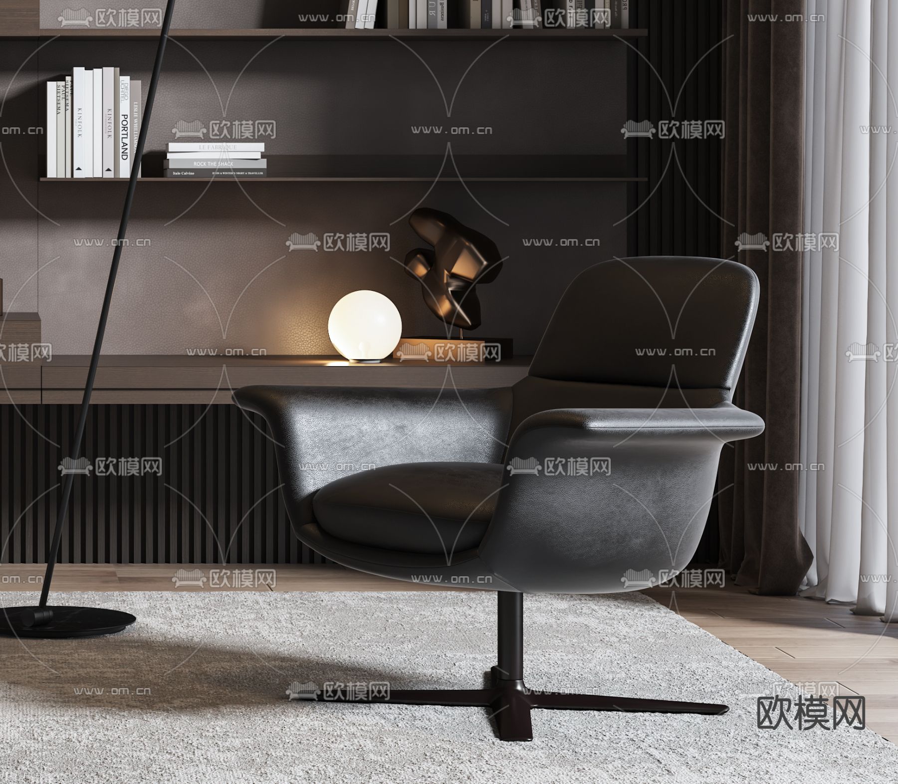 现代黑色皮革休闲椅3d模型下载（渲染图2）