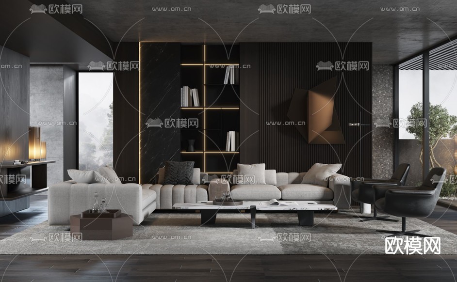 现代高级灰客厅3d模型下载(渲染图1)