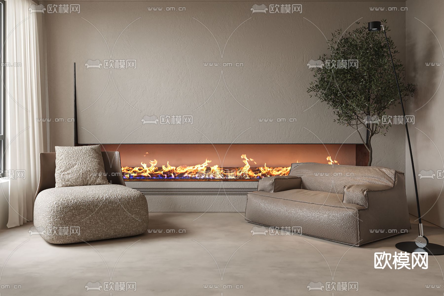 现代咖色皮革休闲沙发3d模型下载（渲染图1）