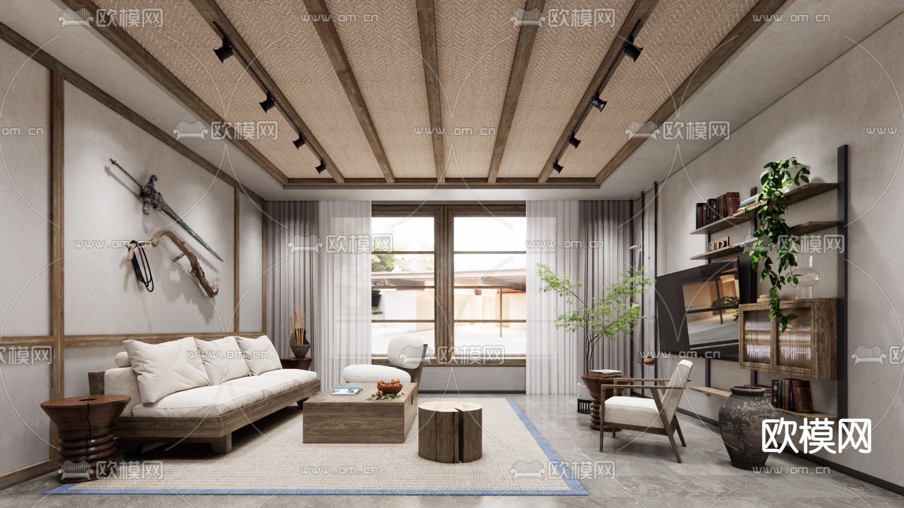 侘寂民宿客厅su模型下载（渲染图1）