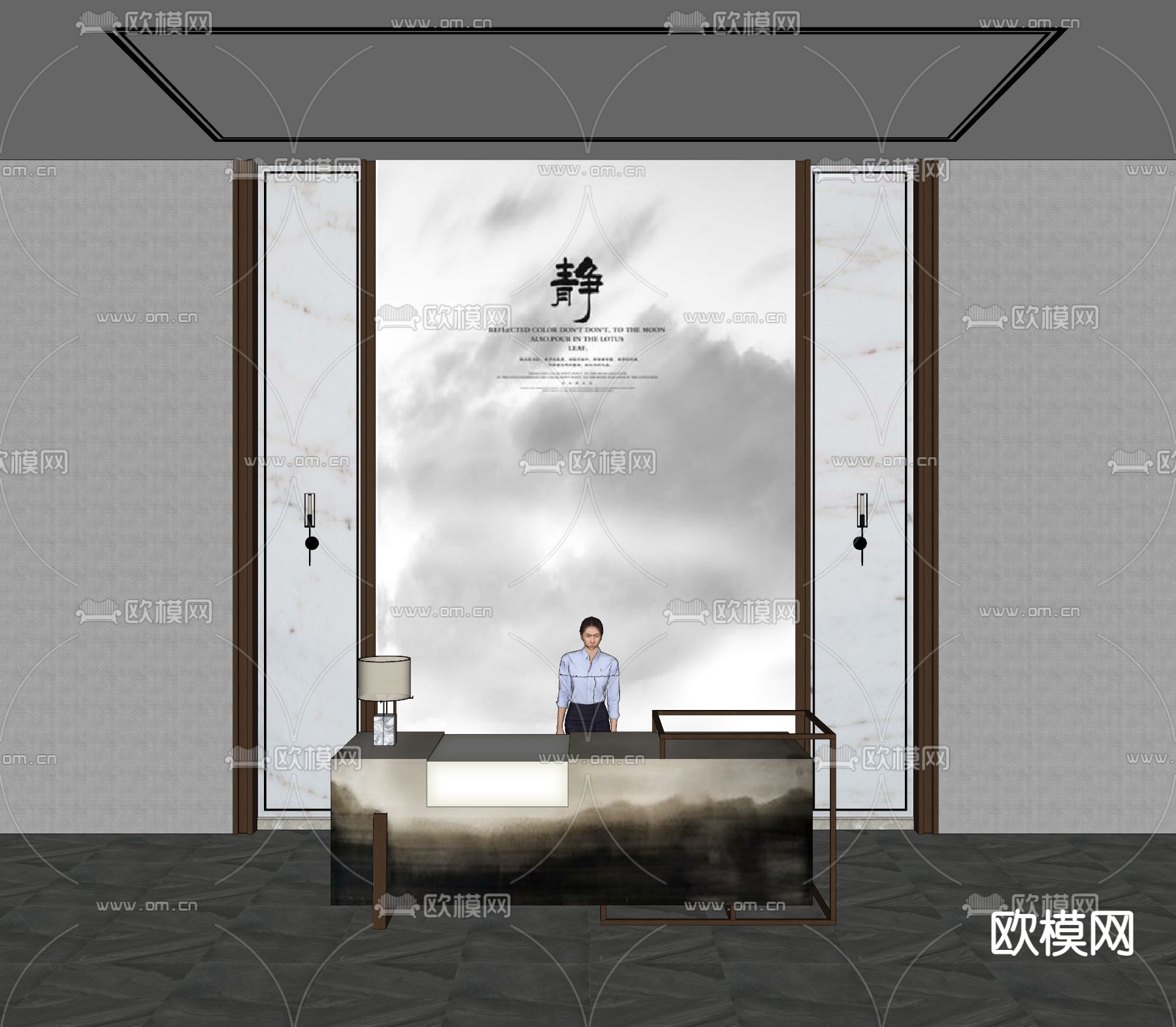 新中式服务台接待台su模型下载（渲染图3）