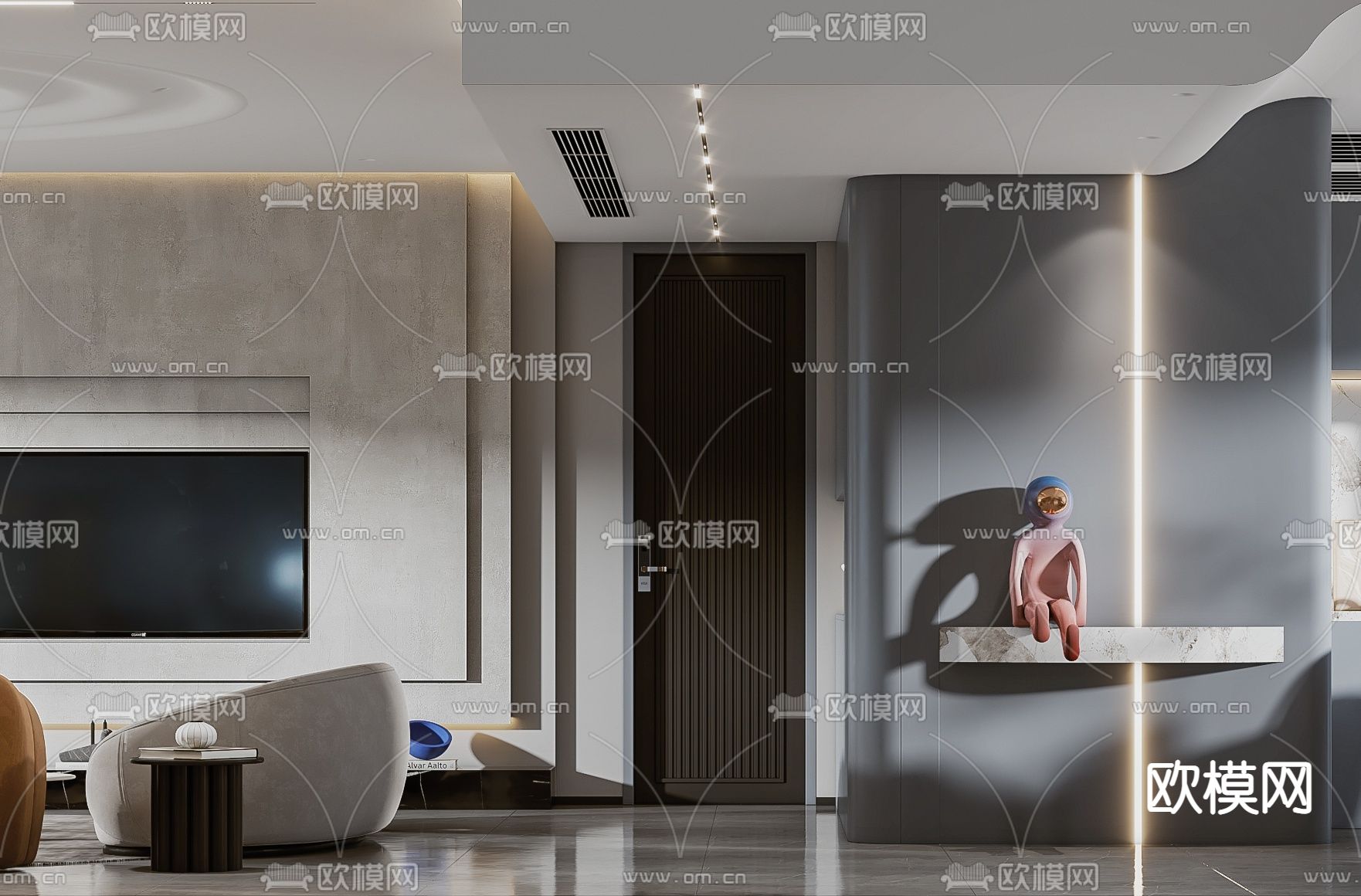 后现代客厅餐厅厨房3d模型下载（渲染图3）