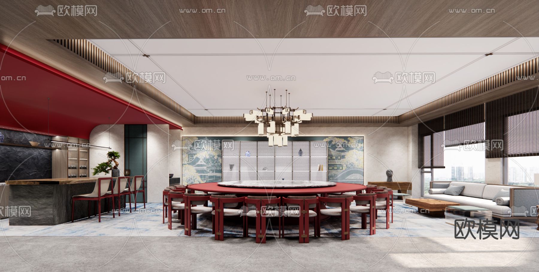 新中式餐厅包厢su模型下载（渲染图1）